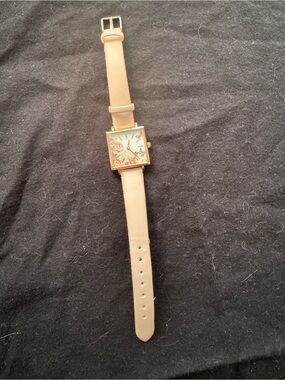 Floral Square Face Beige Strap Watch